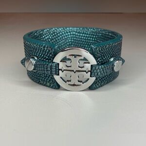 Tory Burch Reva Logo Cuff Bracelet Teal with Silver Hardware